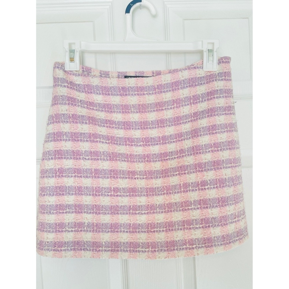 Zara Pink Purple Plaid Tweed Mini Skirt Boucle A-Line Size S